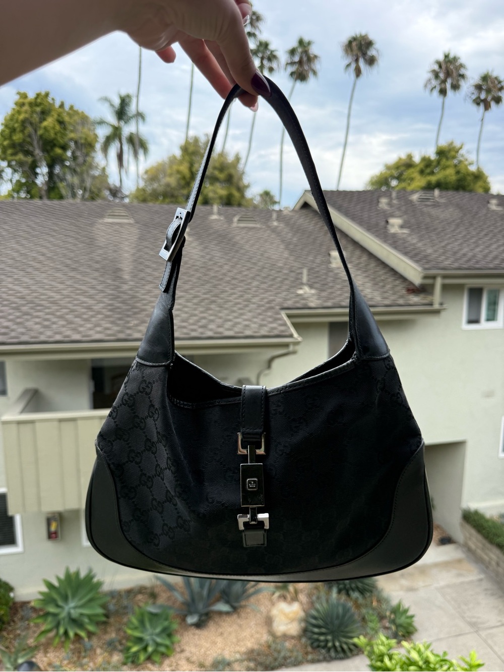 Black Vintage Gucci Jackie Logo Shoulder Bag